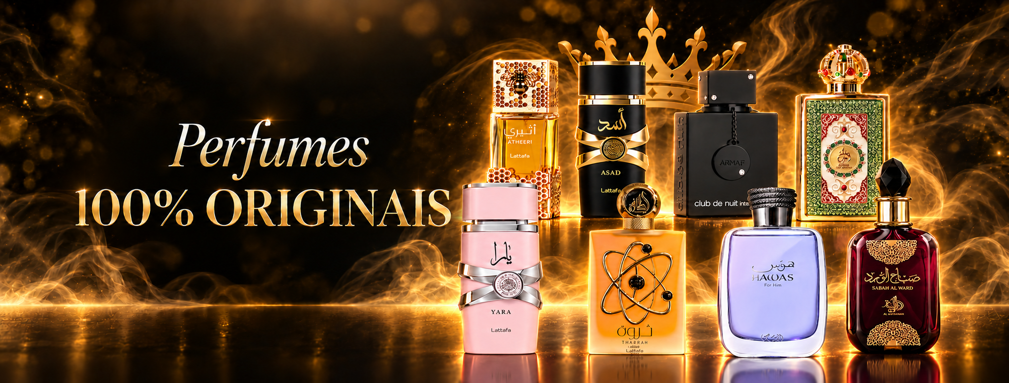 Perfumes 100% originais. Oito frascos de perfumes árabes em uma composição preta e dourada com coroa ao fundo.